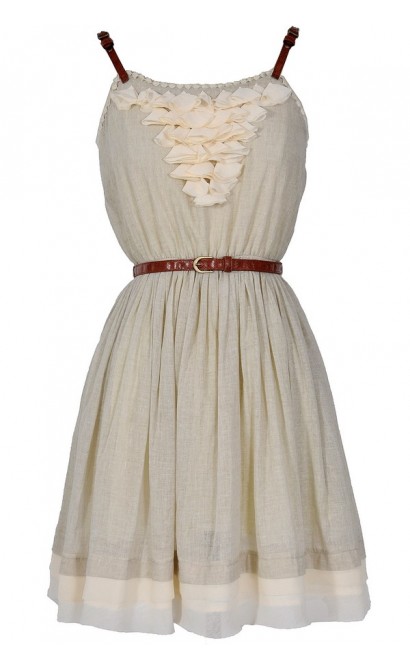 Country Whimsy Leather Belted Dress In Pale Grey